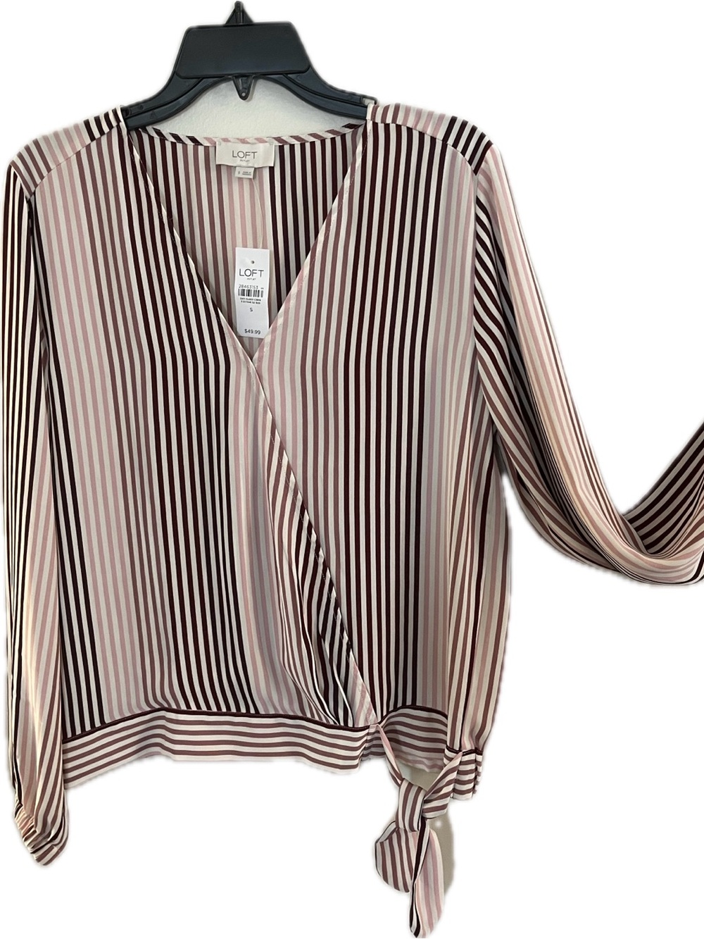 LOFT Pink & Burgundy Striped Wrap Tie Blouse